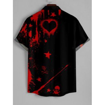 Men's Red Star Skull Print Roll Up Sleeve Shirt Button Up Short Sleeve Casual Shirt
