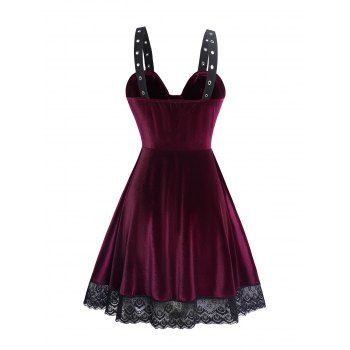 Lace Patchwork Grommet Buckle Shoulder Velvet Dress Lace Up Sleeveless Tank Dress 