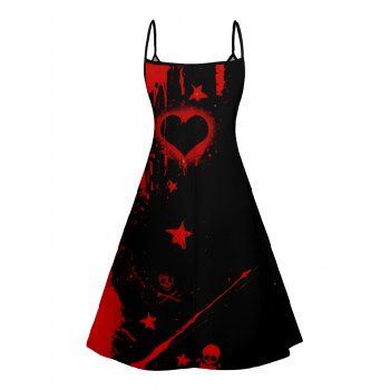 Red Heart Star Pattern V Neck High Waist Spaghetti Strap Dress Sleeveless Summer A Line Cami Dress 