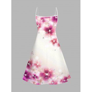 Pink Petal Pattern V Neck High Waist Spaghetti Strap Dress Sleeveless Summer A Line Cami Dress 