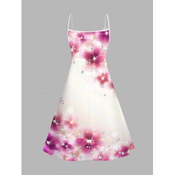 Pink Petal Pattern V Neck High Waist Spaghetti Strap Dress Sleeveless Summer A Line Cami Dress