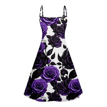 Rose Pattern V Neck High Waist Spaghetti Strap Dress Sleeveless Summer A Line Cami Dress