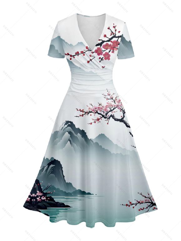 Robe Ligne A Superposée Fleur de Prunier Imprimée Manches Courtes à Col V - Blanc XL | US 12