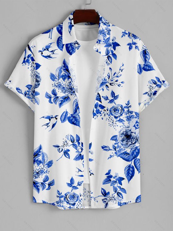 Chemise Décontractée Homme Imprimé Feuilles à Boutons à Manches Courtes - Bleu Ciel L