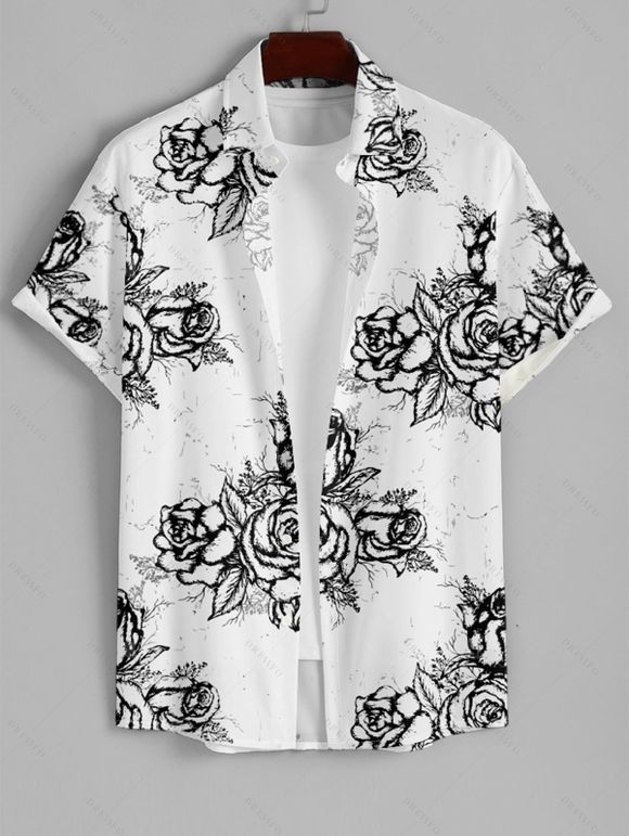 Chemise Décontractée Rose Imprimée Boutonnée à Manches Courtes pour Homme - Blanc 4XL