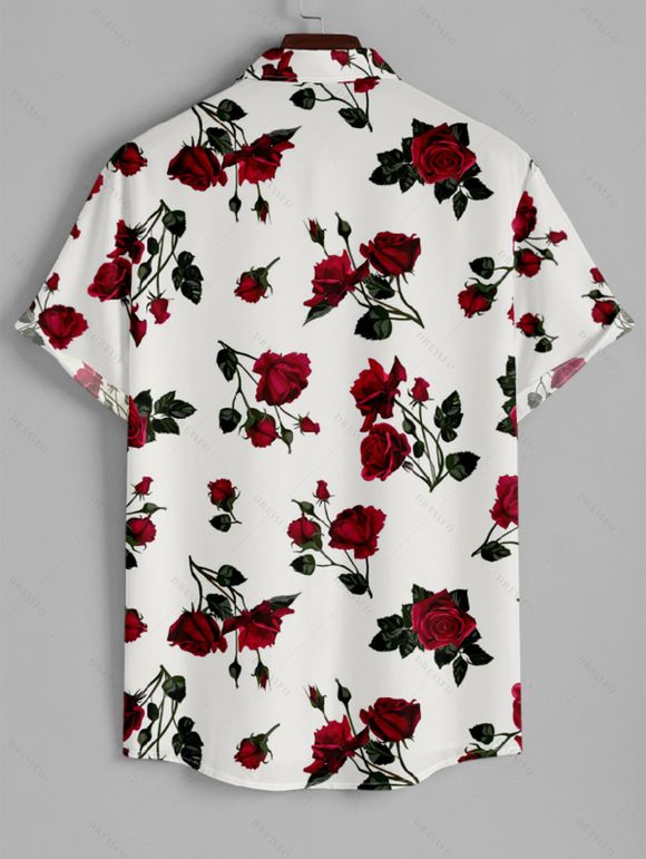Chemise Décontractée Rose Imprimée Boutonnée à Manches Courtes pour Homme - Blanc 4XL