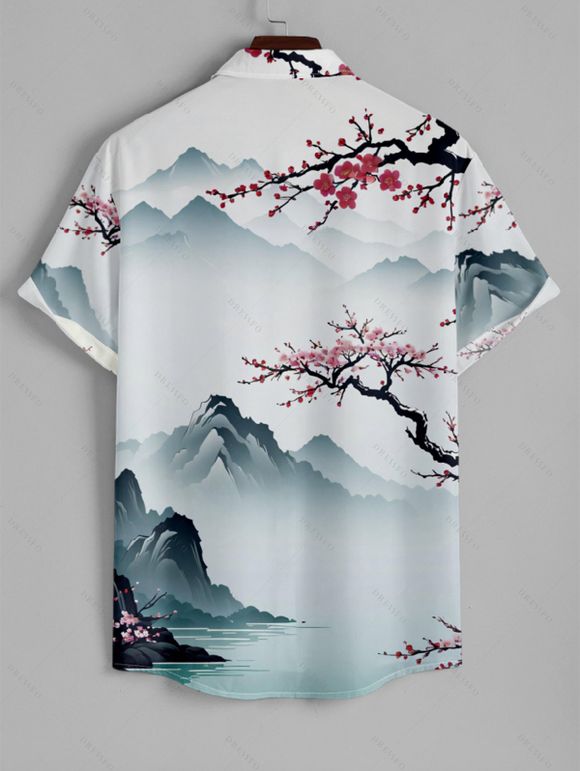 Chemise Décontractée Fleur de Prunier Imprimée Boutonnée à Manches Courtes - Blanc M