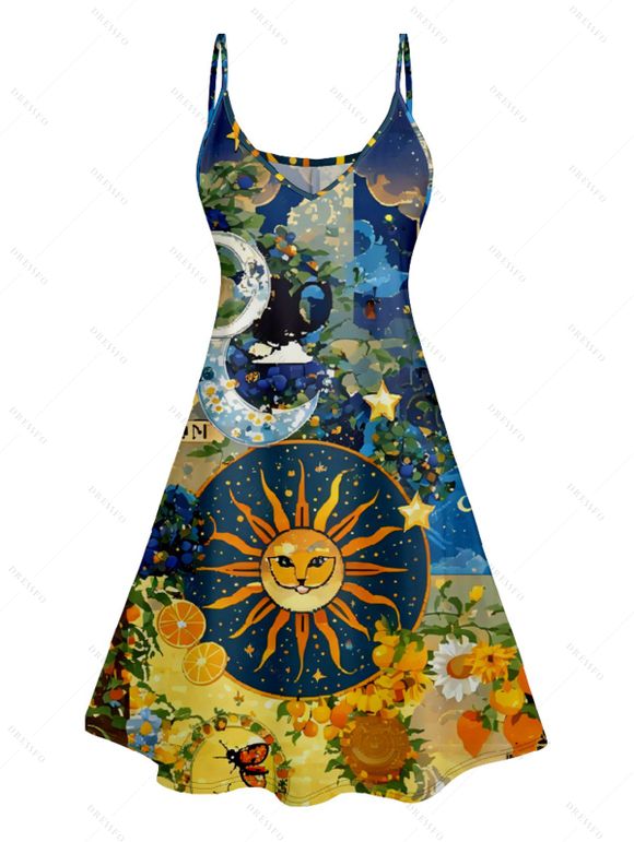 Robe D'Eté Ligne A Lune et Soleil Imprimés à Bretelle Fine sans Manches à Col V - Bleu profond XXL | US 14