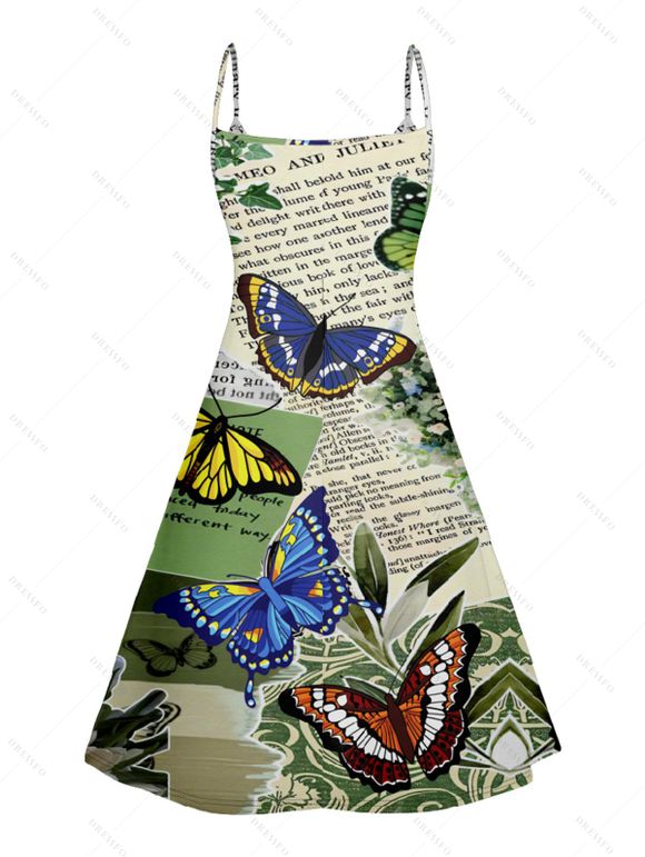 Robe D'Eté Ligne A Papillon et Journal Imprimés sans Manches à Bretelle Fine - Vert clair XXL | US 14