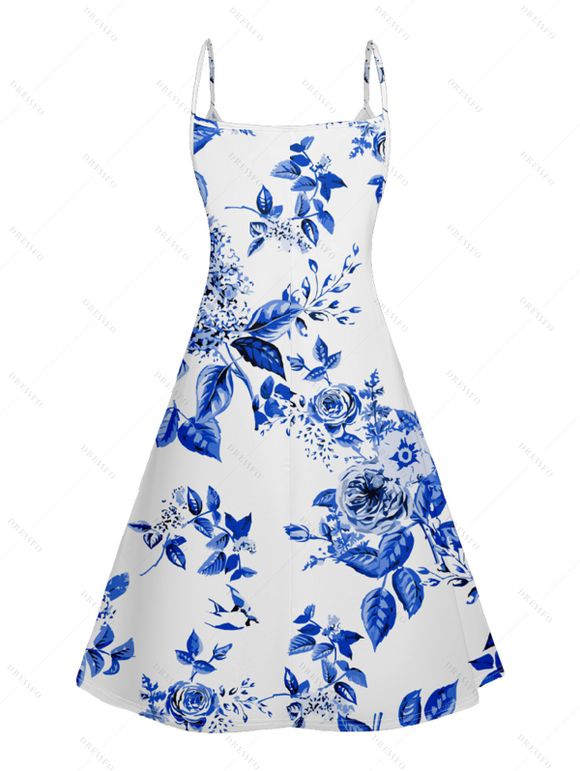 Robe D'été Rose Imprimée Ligne A à Bretelles Spaghetti à Col en V - Bleu Ciel XXL | US 14