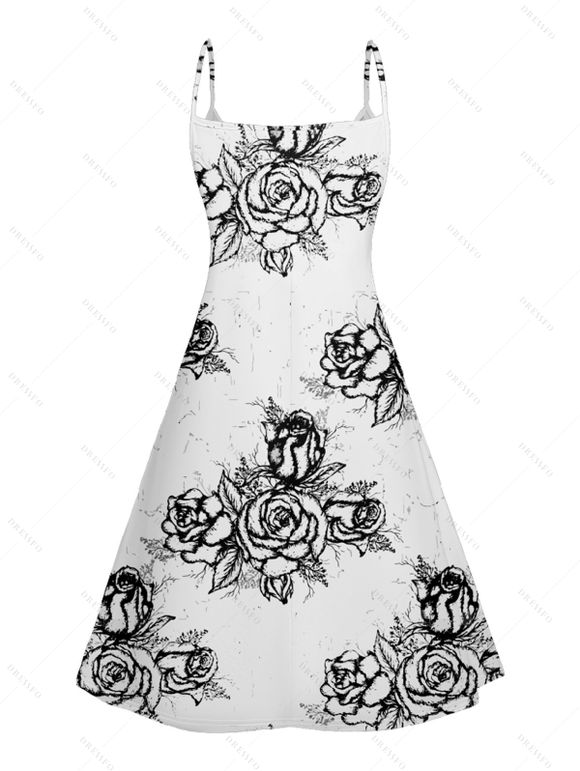 Robe D'été Rose Imprimée Ligne A à Bretelles Spaghetti à Col en V - Blanc S | US 4