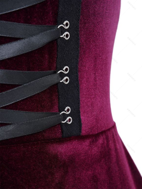 Robe Débardeur Jointif en Dentelle à Epaule Bouclée sans Manches en Velours à Lacets - Rouge foncé M | US 6