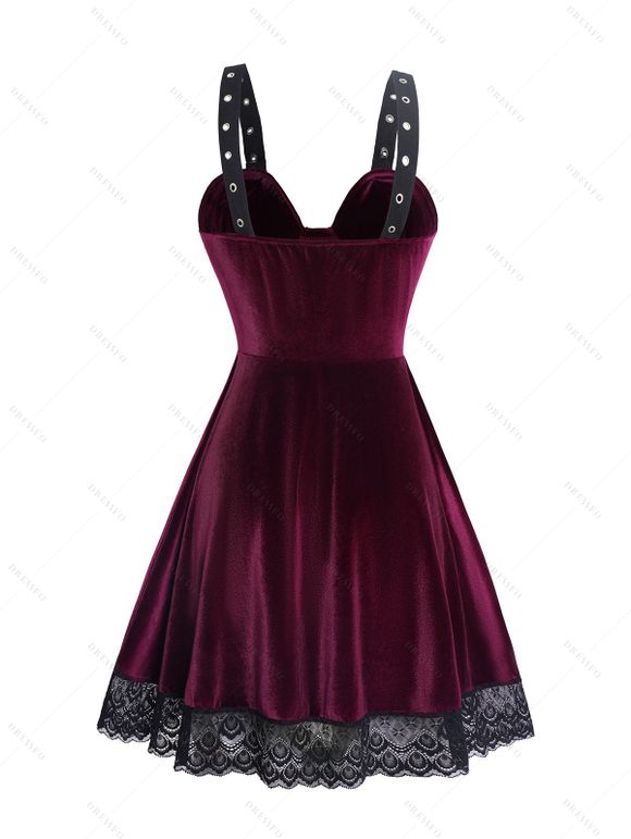 Robe Débardeur Jointif en Dentelle à Epaule Bouclée sans Manches en Velours à Lacets - Rouge foncé M | US 6