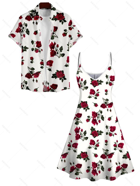 Robe et Chemise à Taille Haute avec Bretelles Spaghetti et Col en V Motif Roses Rouges - Blanc S | US 4