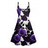 Robe à Taille Haute avec Col en V et Bretelles Spaghetti Motif Roses - Bleu profond S | US 4