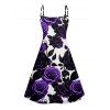 Robe à Taille Haute avec Col en V et Bretelles Spaghetti Motif Roses - Bleu profond S | US 4