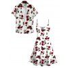 Robe et Chemise à Taille Haute avec Bretelles Spaghetti et Col en V Motif Roses Rouges - Blanc S | US 4