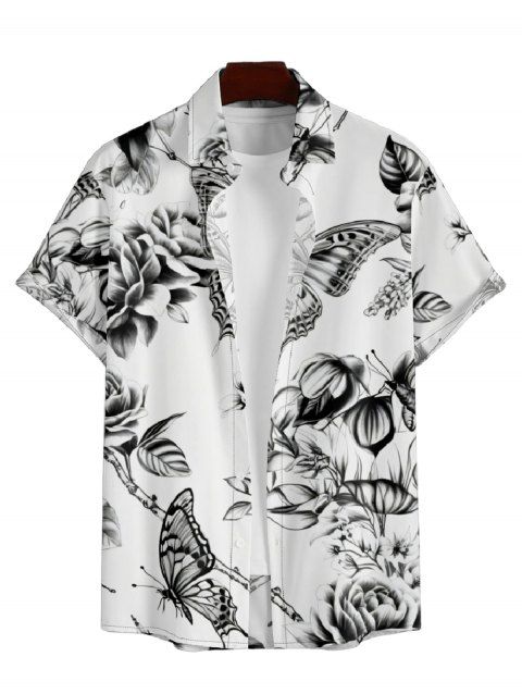 Chemise Décontractée Manches Courtes à Imprimé Papillons et Fleurs avec Boutons pour Hommes