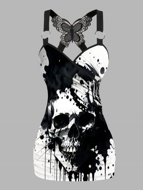 Gothic Skull Pattern Ruched Butterfly Lace Tank Top Cross O Ring Surplice Summer Top