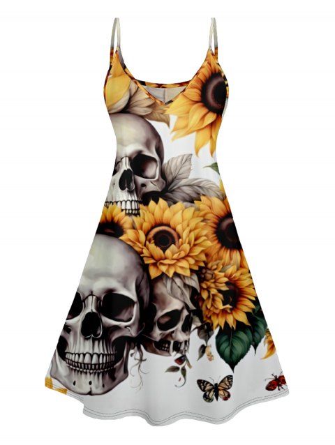 Robe D'Eté Ligne A Crâne et Tournesol Imprimés à Bretelle Fine sans Manches à Taille Haute