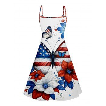 Distressed American Flag Print V Neck Dress Sleeveless A Line Cami Dress