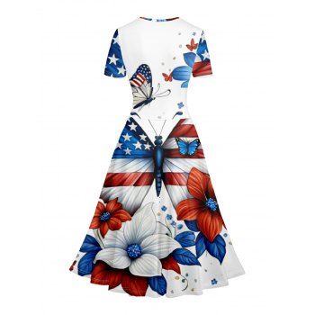 American Flag Elements Print V Neck Short Sleeve Surplice Dress High Waist A-line Independence Day Dress