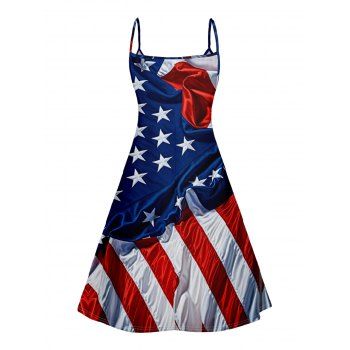Distressed American Flag Print V Neck Dress Sleeveless A LineIndependence Day  Cami Dress