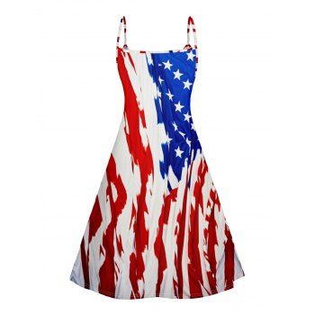 Distressed American Flag Print V Neck Dress Sleeveless A Line Independence Day Cami Dress