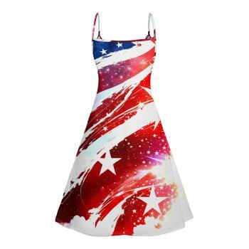 Distressed American Flag Print V Neck Dress Sleeveless A Line Independence Day Cami Dress