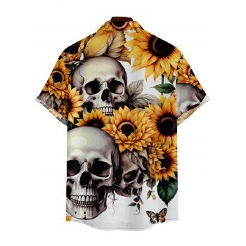 Men's Skull Sunflower Print Roll Up Sleeve Shirt Button Up Short Sleeve Casual Shirt