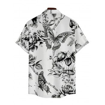 Men's Butterfly Floral Print Roll Up Sleeve Shirt Button Up Short Sleeve Casual Shirt