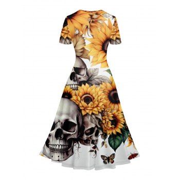 Skull Sunflower Print V Neck Short Sleeve Surplice Dress High Waist A-line Dress