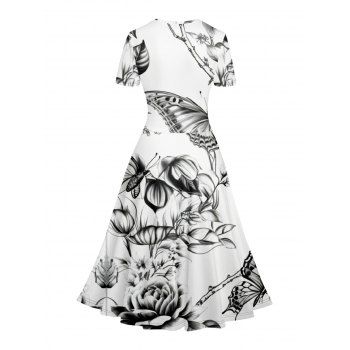 Floral Butterfly Print V Neck Short Sleeve Surplice Dress High Waist A-line Dress