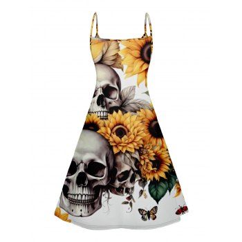 Skull Sunflower Print V Neck High Waist Spaghetti Strap Dress Sleeveless Summer A Line Cami Dress