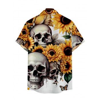 Skull Sunflower Print V Neck High Waist Spaghetti Strap Dress and Roll Up Sleeve Shirt Outfit