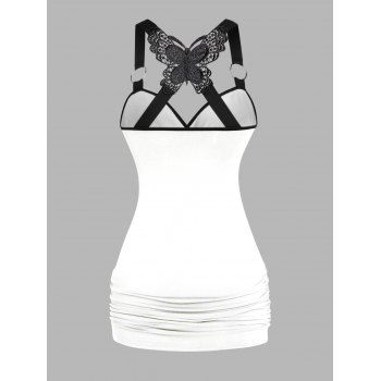 Gothic Skull Pattern Ruched Butterfly Lace Tank Top Cross O Ring Surplice Summer Top 