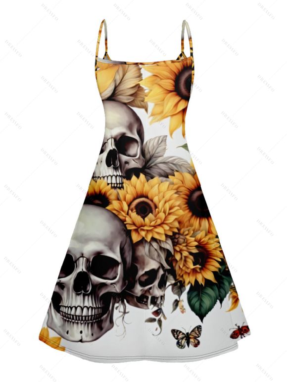 Robe D'Eté Ligne A Crâne et Tournesol Imprimés à Bretelle Fine sans Manches à Taille Haute - multicolor A S | US 4