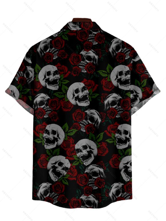 Chemise Décontractée Manches Roulées avec Boutons et à Imprimé Crâne pour Hommes - Noir 5XL