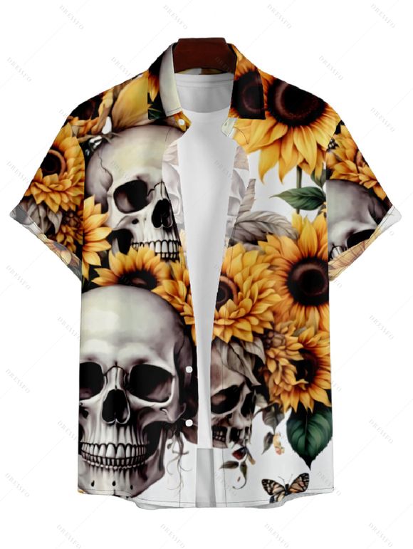 Chemise Décontractée Manches Courtes à Imprimé Tournesols et Crâne pour Hommes - multicolor A S