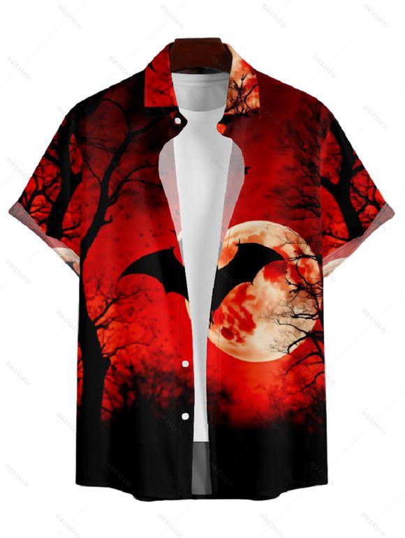 Chemise Décontractée Boutonnée Couche de Soleil et Chauve-souris Imprimés à Manches Courtes - Rouge foncé XL