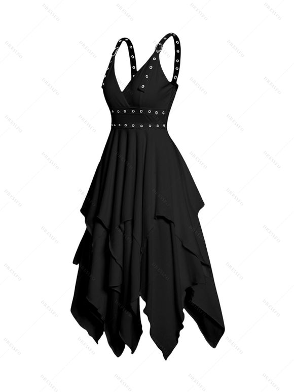 Robe Corset Asymétrique Gothique Zippée en Couleur Unie en PU Inséré Chaîne en O - Noir S | US 4