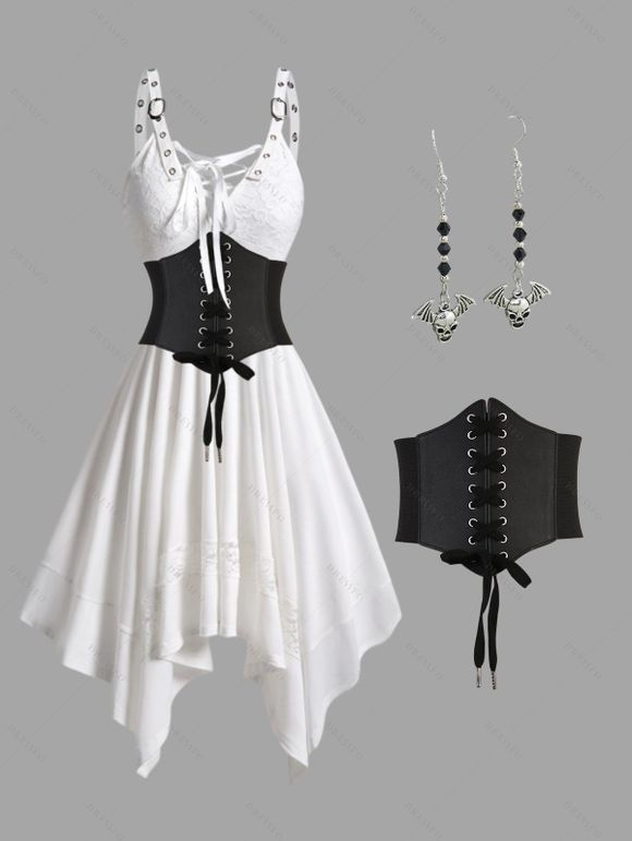 Robe Asymétrique en Alliage et Corset à Manches Longues en Cuir PU avec Ceinture - Blanc S | US 4