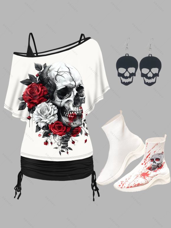 T-shirt D'Halloween Plissé Rose Crâne Imprimés en Tricot - Blanc S | US 4