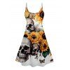 Skull Sunflower Print V Neck High Waist Spaghetti Strap Dress Sleeveless Summer A Line Cami Dress