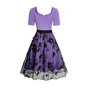 Butterfly Lace Patchwork Grommet Strap Lace Up Dress Mesh Overlay Short Sleeve Dress 