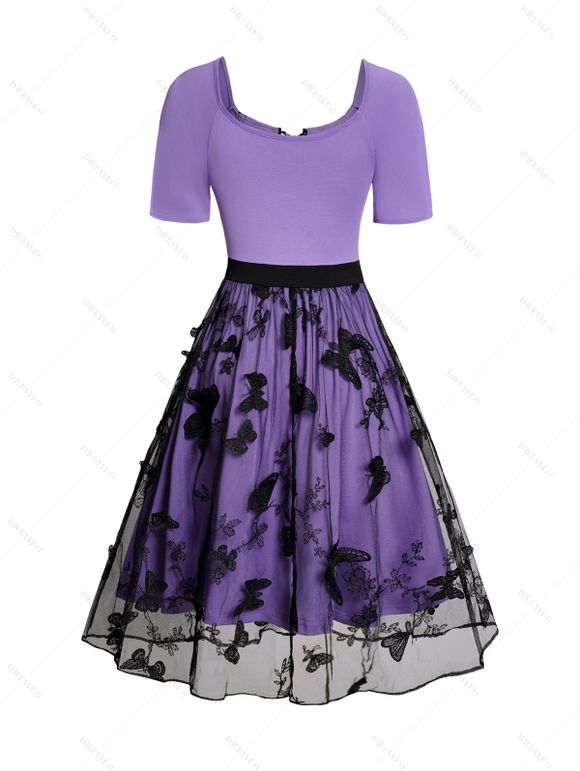 Robe Superposée Papillon en Dentelle en Maille à Manches Courtes à Lacets - Pourpre XL | US 12