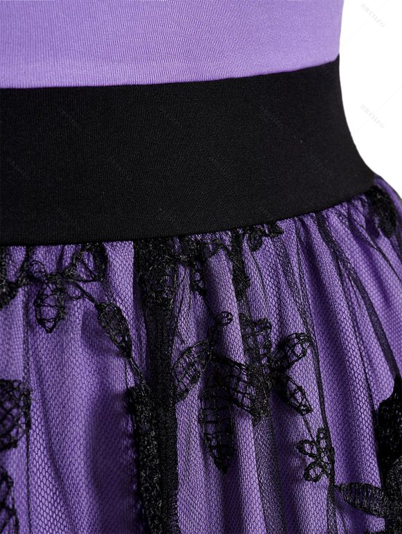 Robe Superposée Papillon en Dentelle en Maille à Manches Courtes à Lacets - Pourpre XL | US 12