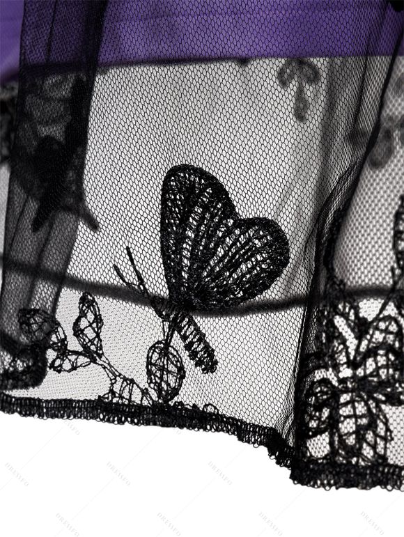 Robe Superposée Papillon en Dentelle en Maille à Manches Courtes à Lacets - Pourpre XL | US 12