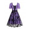 Butterfly Lace Patchwork Grommet Strap Lace Up Dress Mesh Overlay Short Sleeve Dress - Pourpre XXL | US 14
