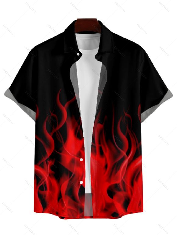 Men's Flame Print Roll Up Sleeve Shirt Button Up Short Sleeve Casual Gentleman Shirt - Noir S